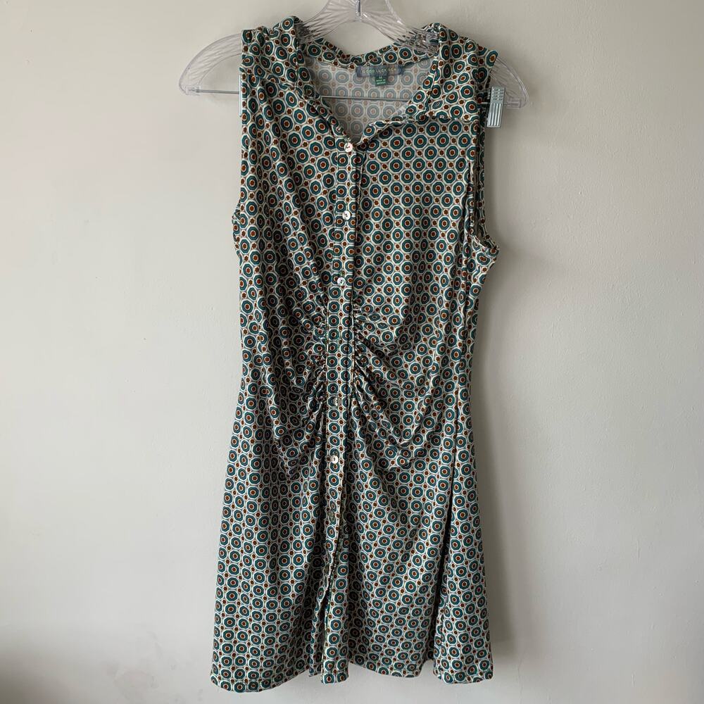 Good Luck Gem Ruched Collared Teal & Brown Patterned Dress Size Medium MCGD4750